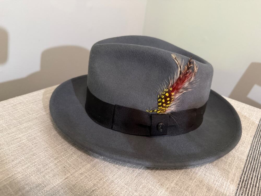 Jaxon Hats Gray Wool Felt Fedora Small Black Band Feather Crushable
